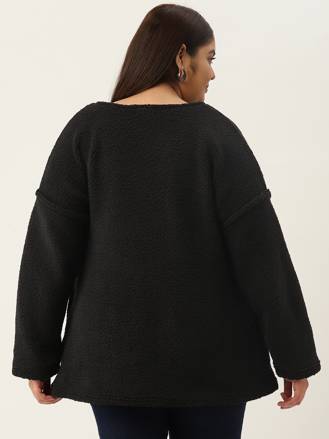 Women's Plus Size Black Solid Color Fur Winter Sweatshirt