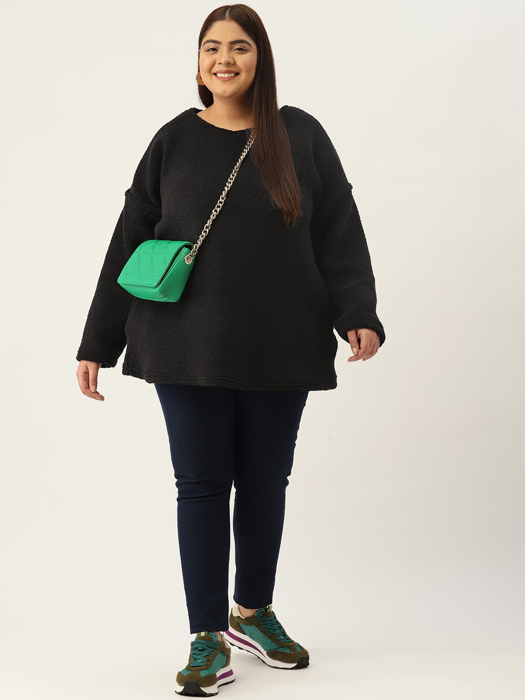 Women's Plus Size Black Solid Color Fur Winter Sweatshirt