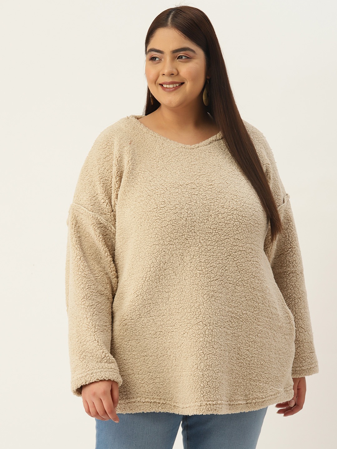 Women's Plus Size Off White Solid Color Fur Winter Sweatshirt