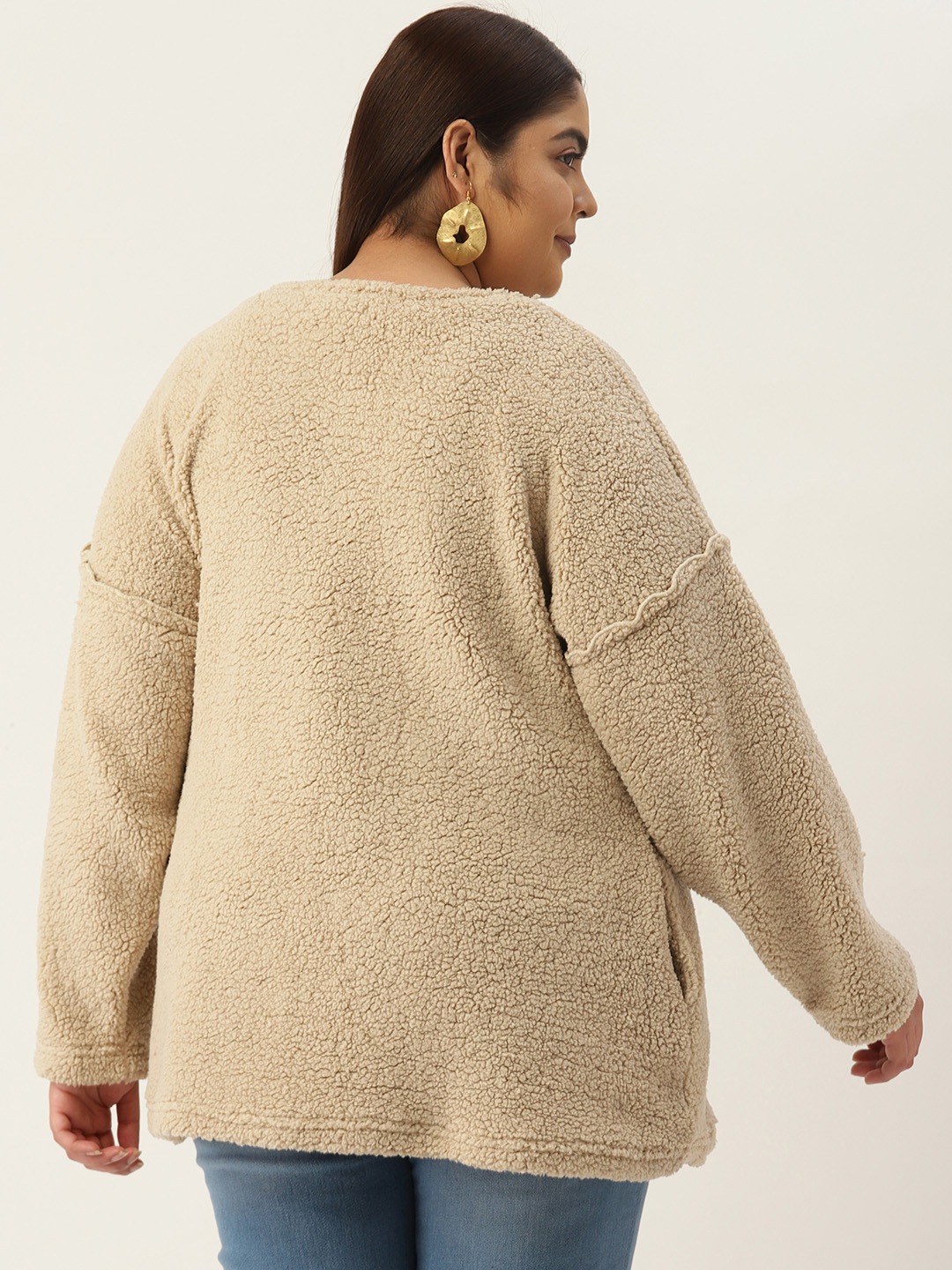 Women's Plus Size Off White Solid Color Fur Winter Sweatshirt