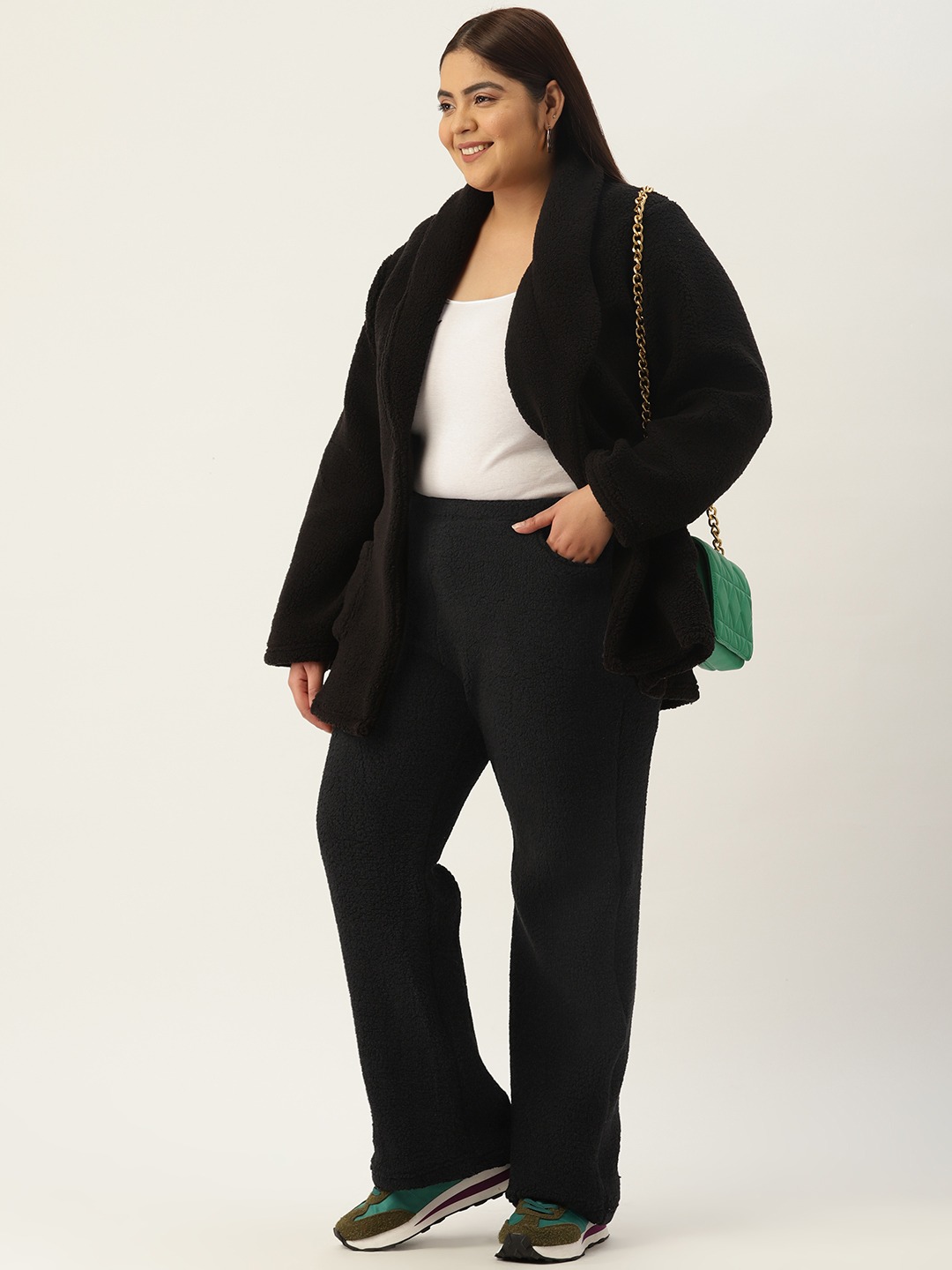 Women's Plus Size Black Solid Color Fur Winter Trouser