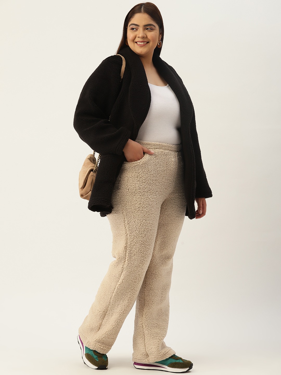 Women's Plus Size Off White Solid Color Fur Winter Trouser