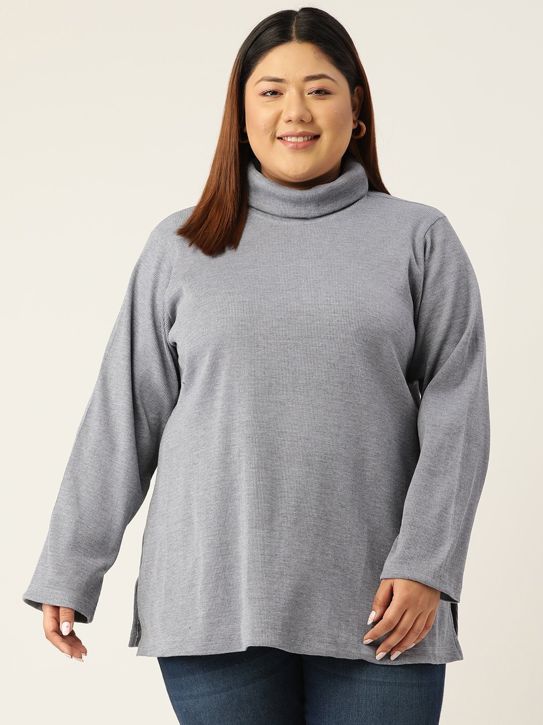Women's Plus SizeCharcoal Grey Solid Color High Neck Cotton Top