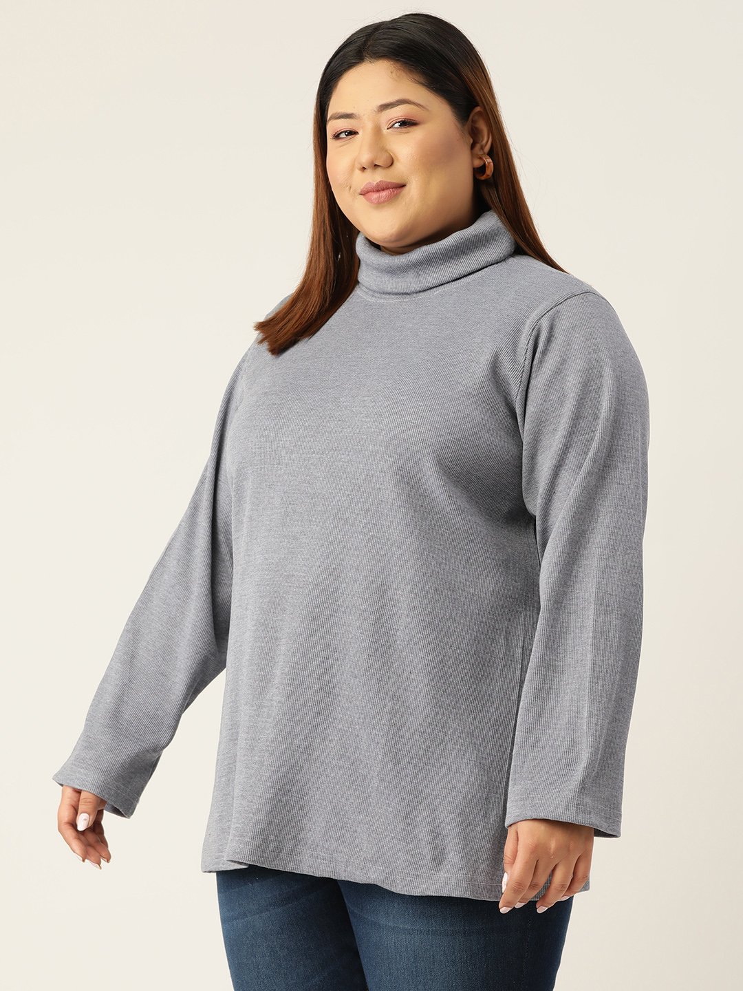 Women's Plus SizeCharcoal Grey Solid Color High Neck Cotton Top
