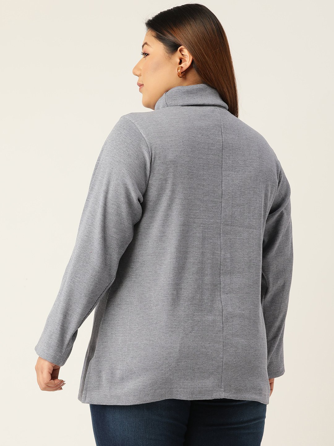 Women's Plus SizeCharcoal Grey Solid Color High Neck Cotton Top