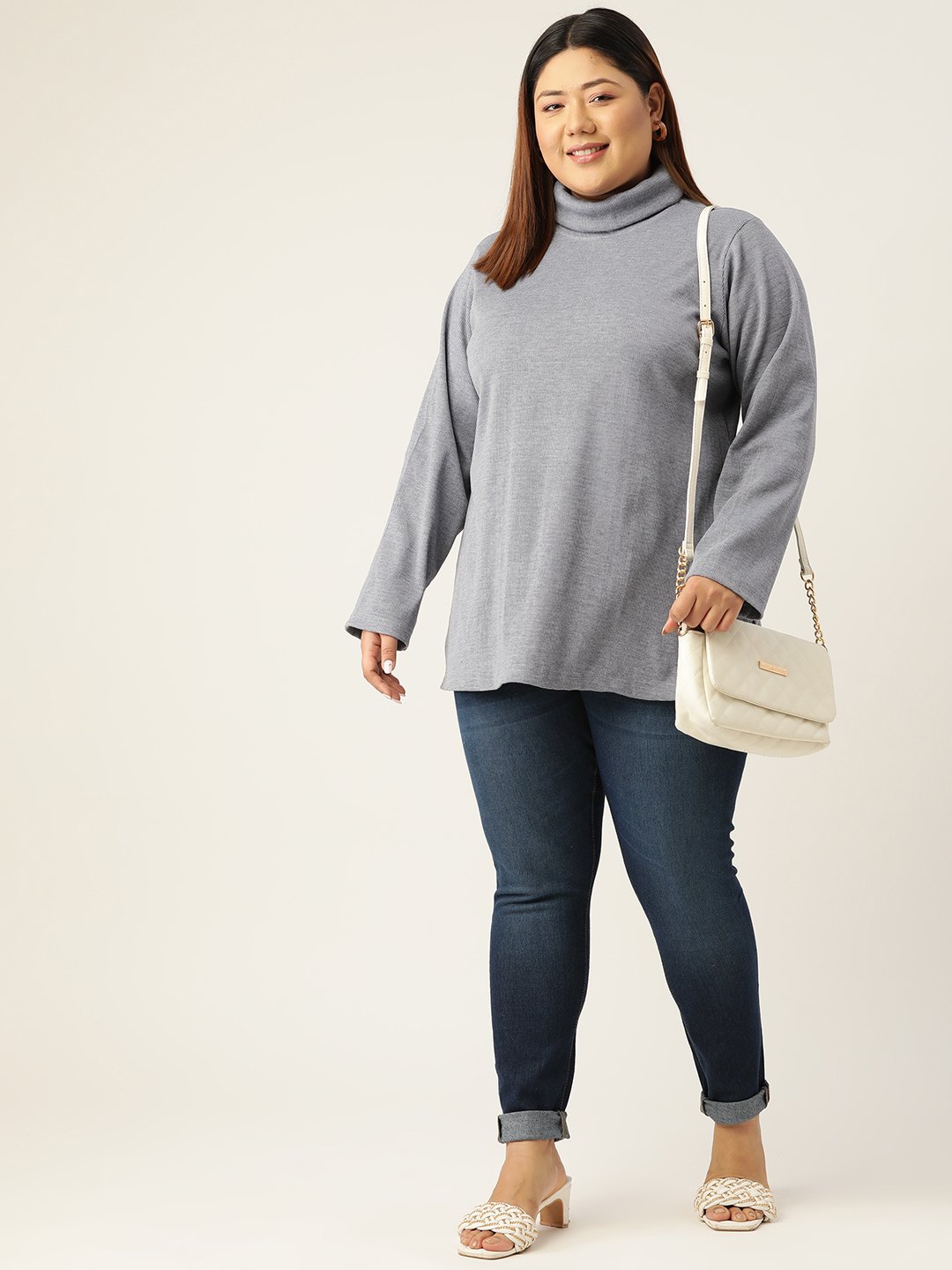 Women's Plus SizeCharcoal Grey Solid Color High Neck Cotton Top