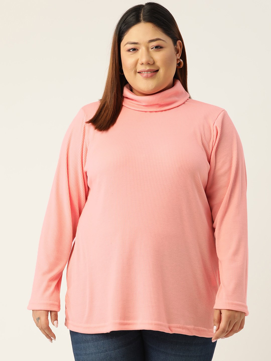 Women's Plus SizePink Solid Color High Neck Cotton Top