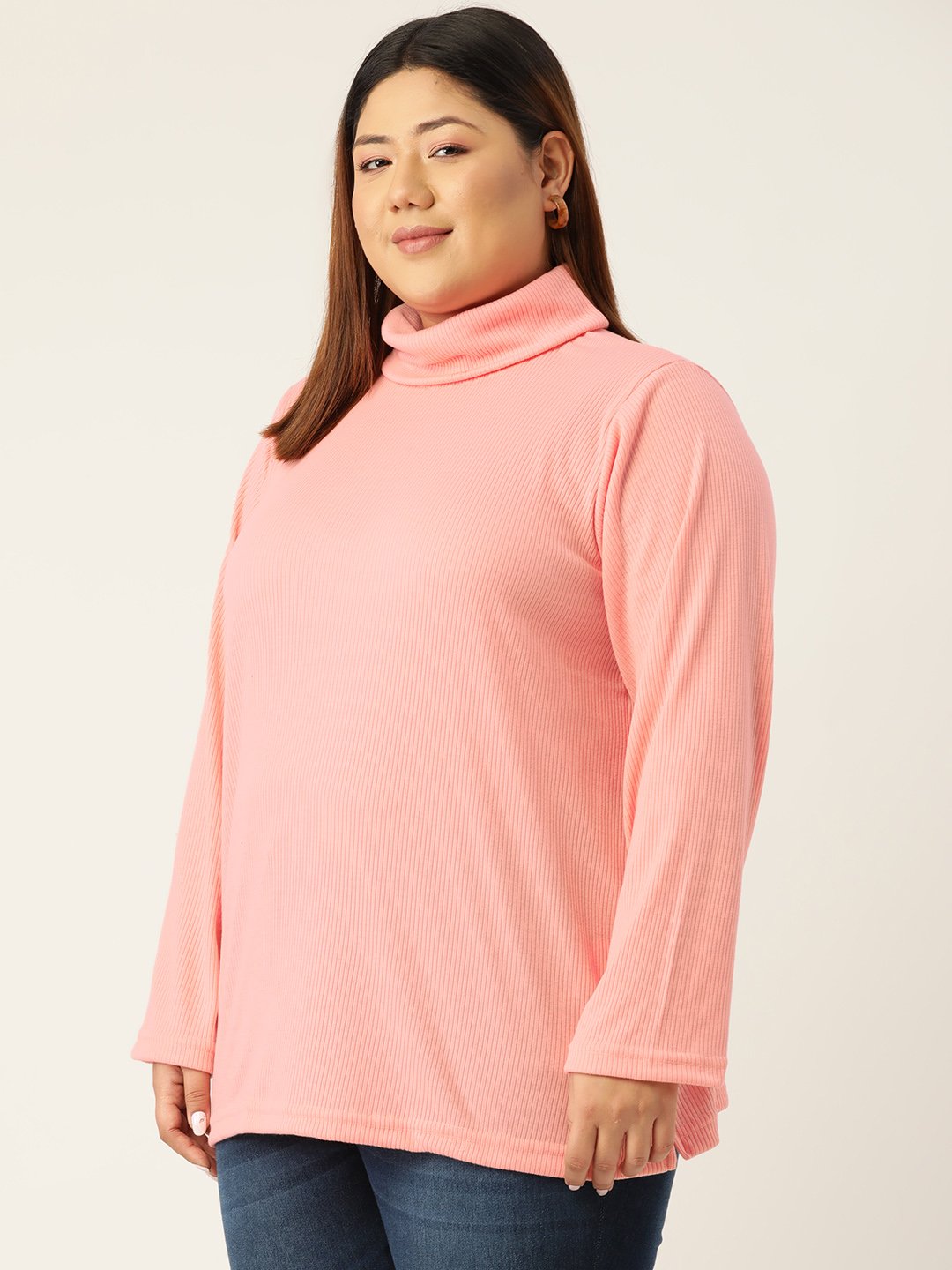 Women's Plus SizePink Solid Color High Neck Cotton Top