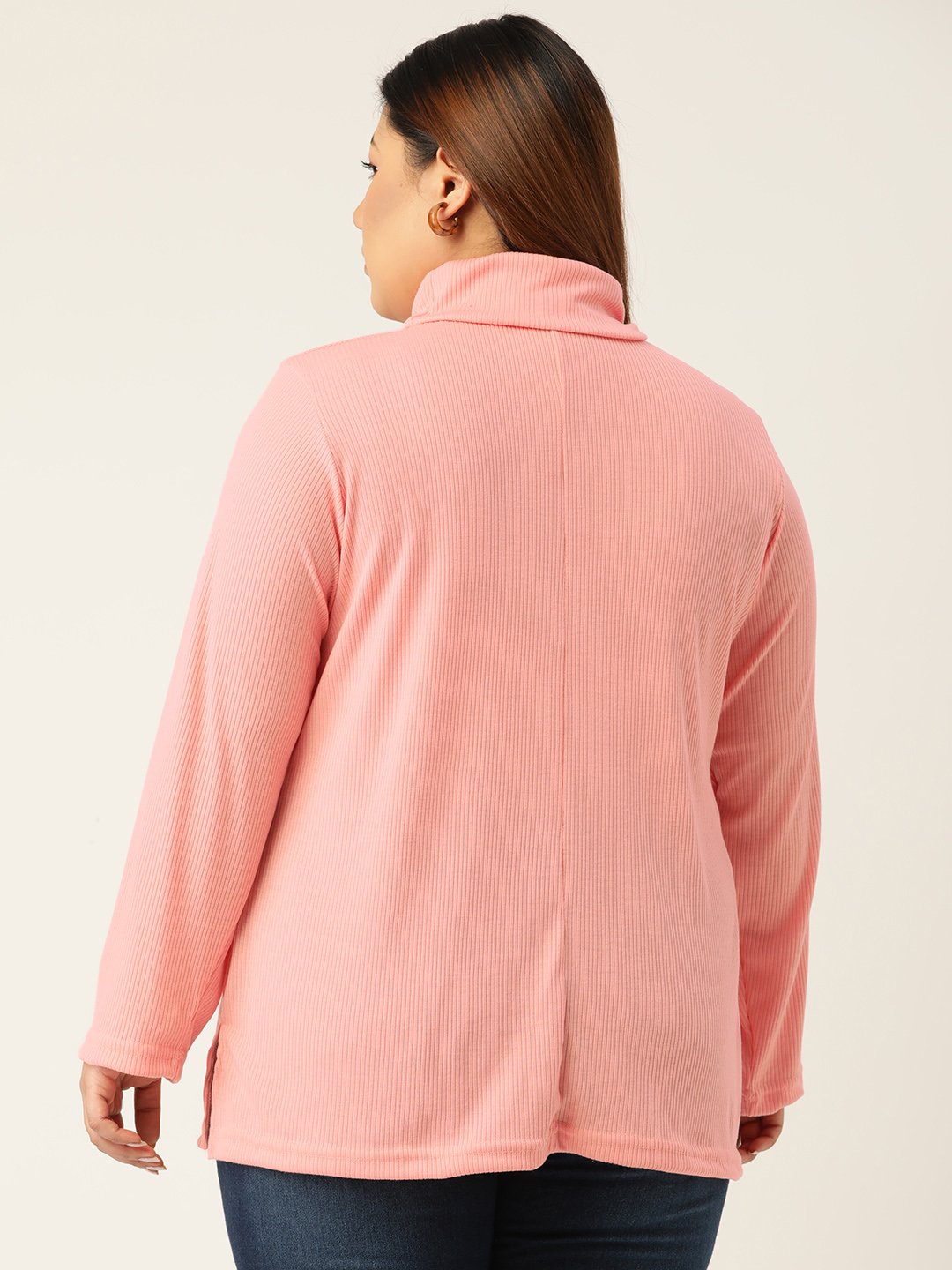Women's Plus SizePink Solid Color High Neck Cotton Top