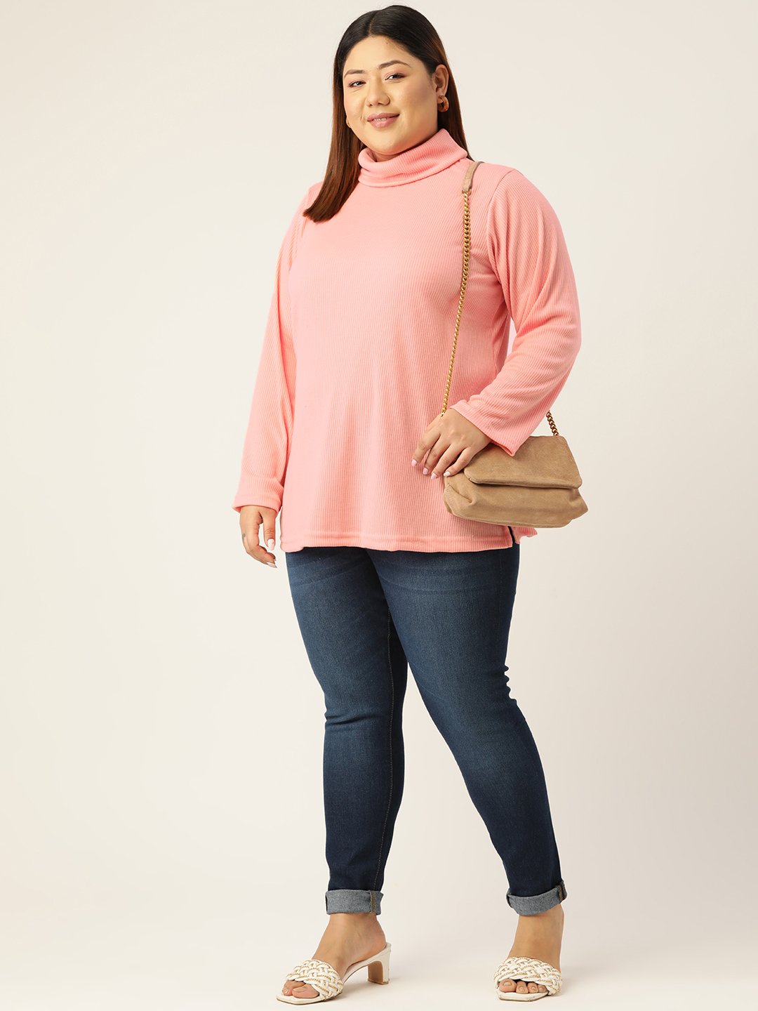 Women's Plus SizePink Solid Color High Neck Cotton Top