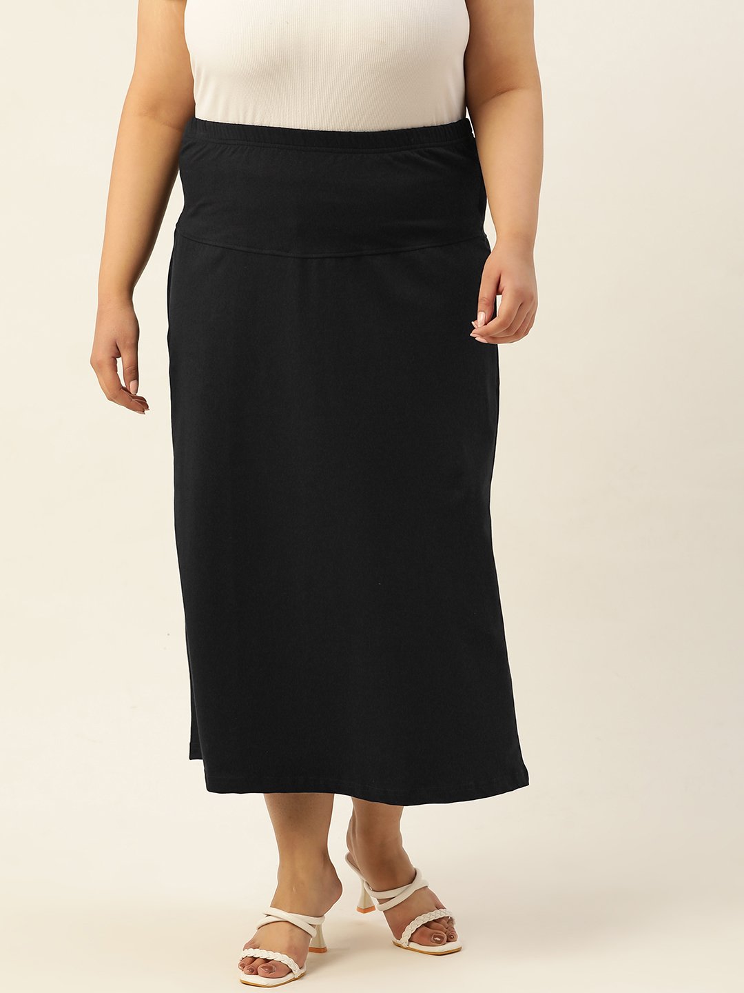 Women's Plus SizeBlack Solid Color Elastic Waist Midi Skirt