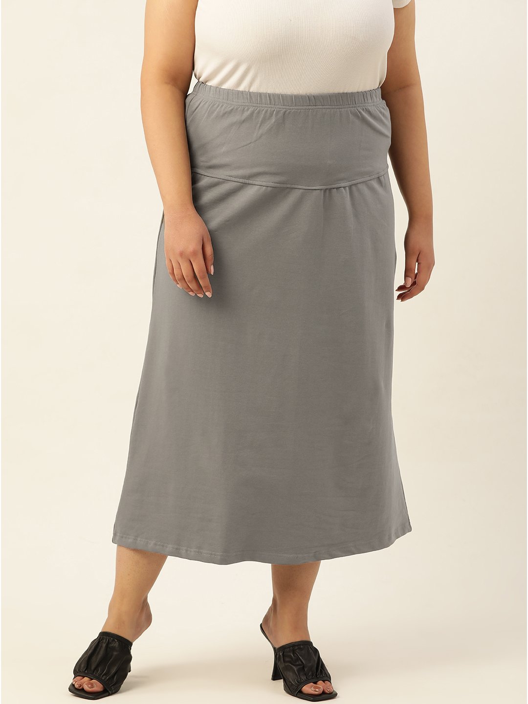 Women's Plus SizeGrey Solid Color Elastic Waist Midi Skirt