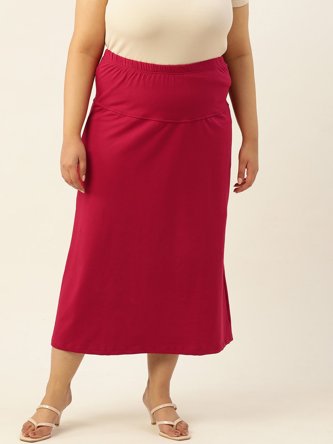 Women's Plus SizeMaroon Solid Color Elastic Waist Midi Skirt