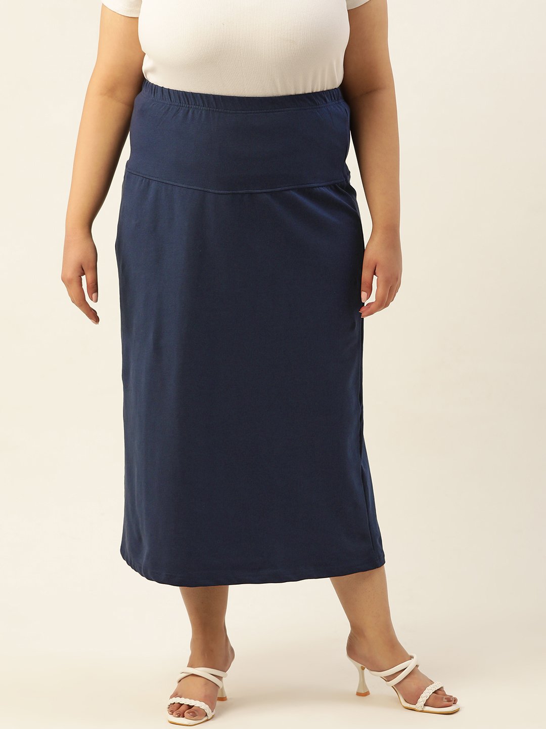 Women's Plus SizeNavy Blue Solid Color Elastic Waist Midi Skirt