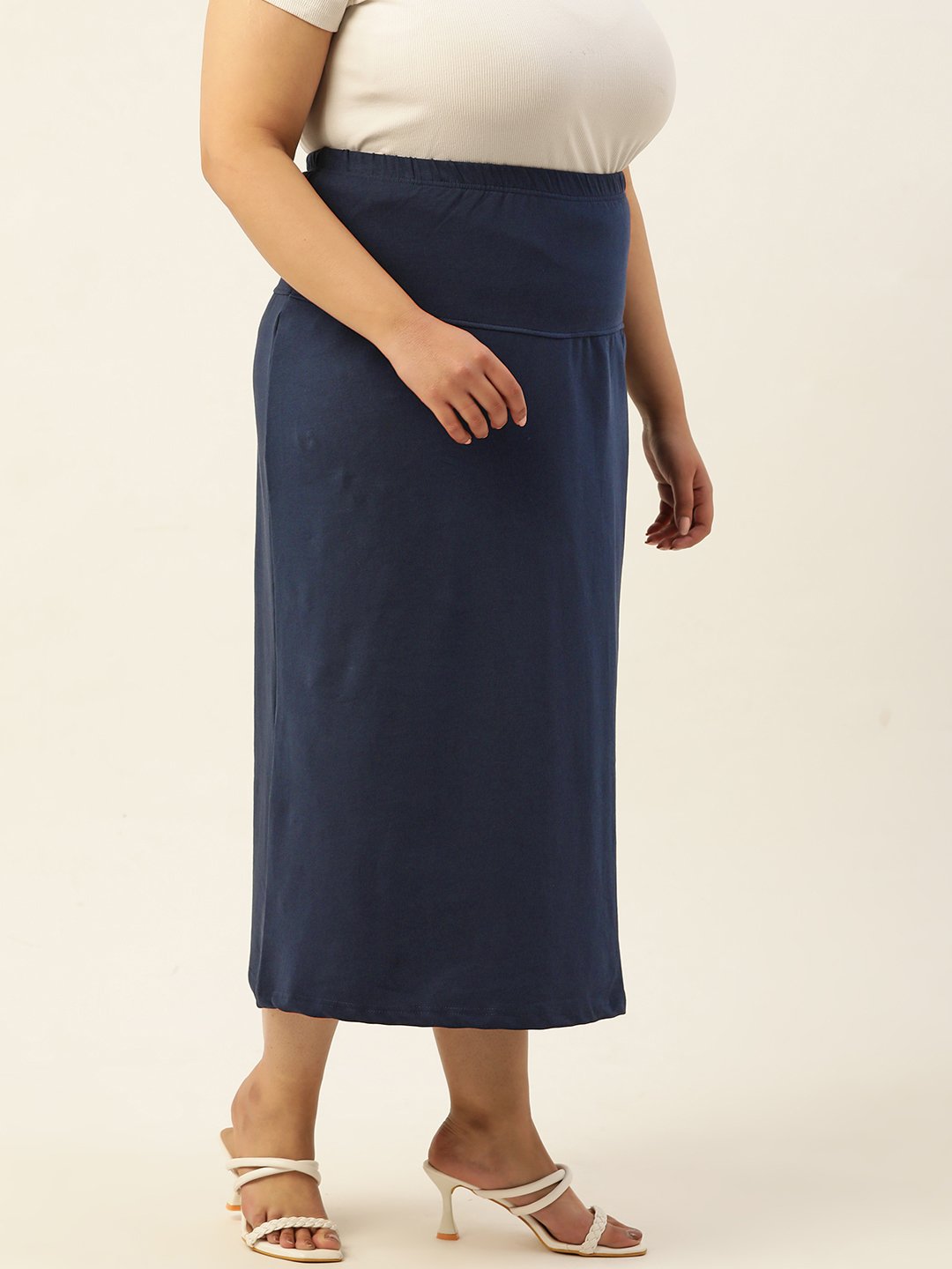 Women's Plus SizeNavy Blue Solid Color Elastic Waist Midi Skirt