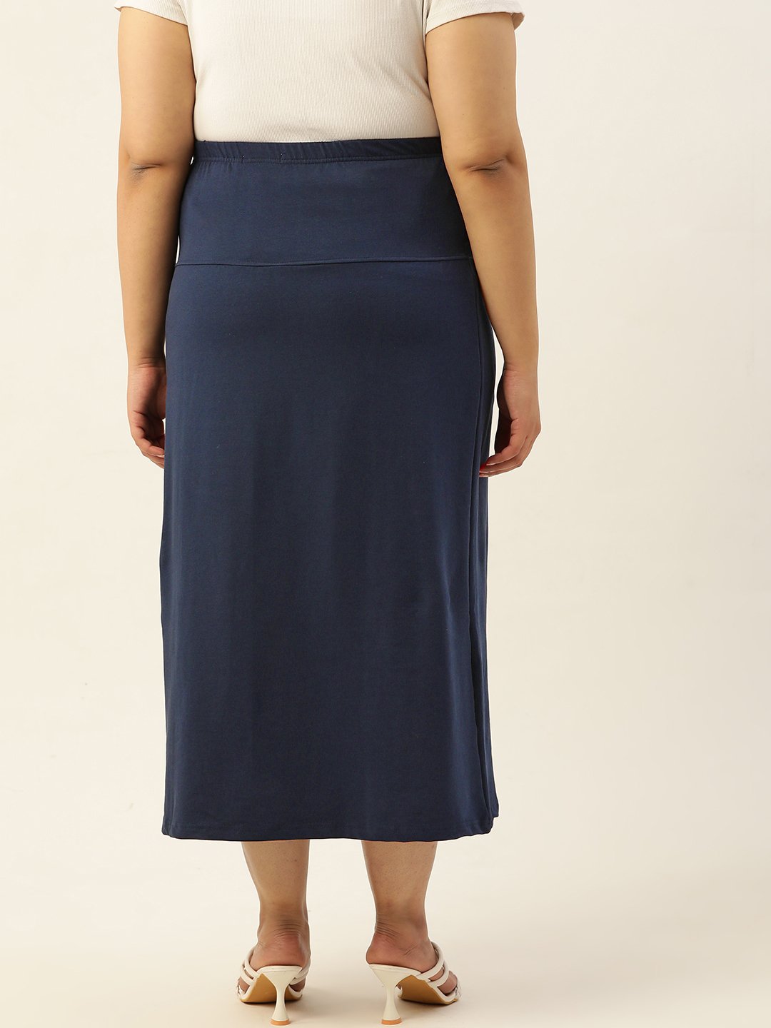 Women's Plus SizeNavy Blue Solid Color Elastic Waist Midi Skirt