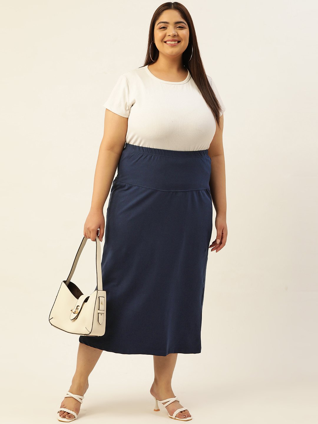 Women's Plus SizeNavy Blue Solid Color Elastic Waist Midi Skirt