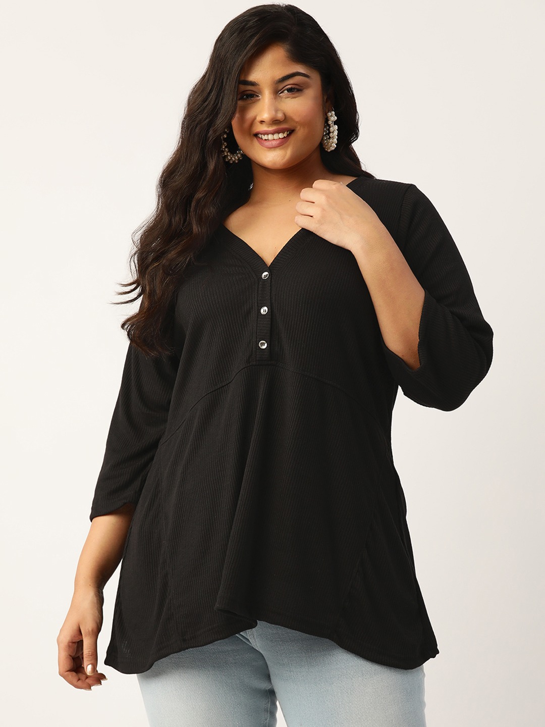 Women's Plus Size Black Solid Color Cotton Knitted Ribbed Top