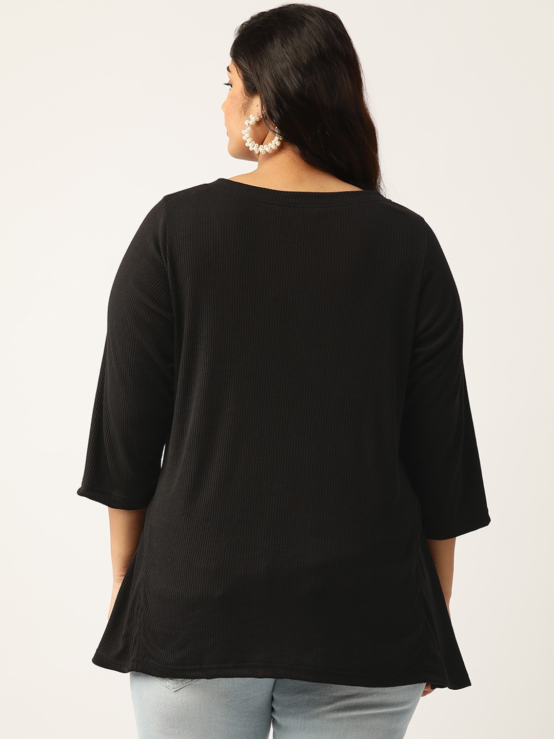 Women's Plus Size Black Solid Color Cotton Knitted Ribbed Top