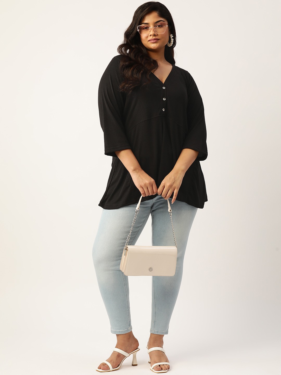 Women's Plus Size Black Solid Color Cotton Knitted Ribbed Top