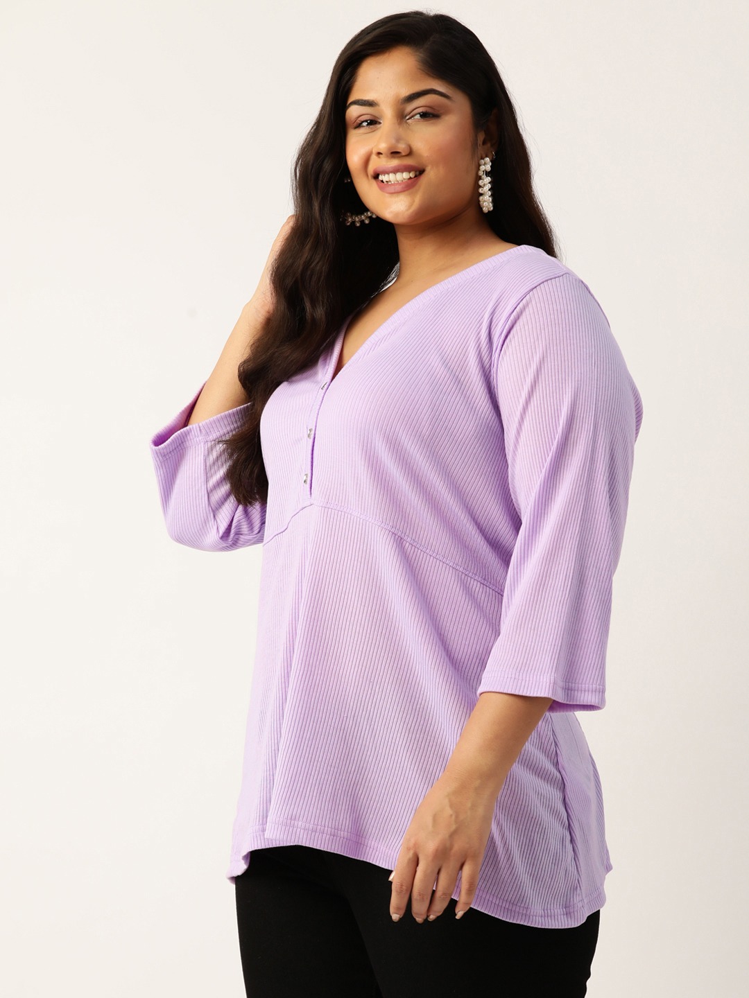 Women's Plus Size Lilac Solid Color Cotton Knitted Ribbed Top