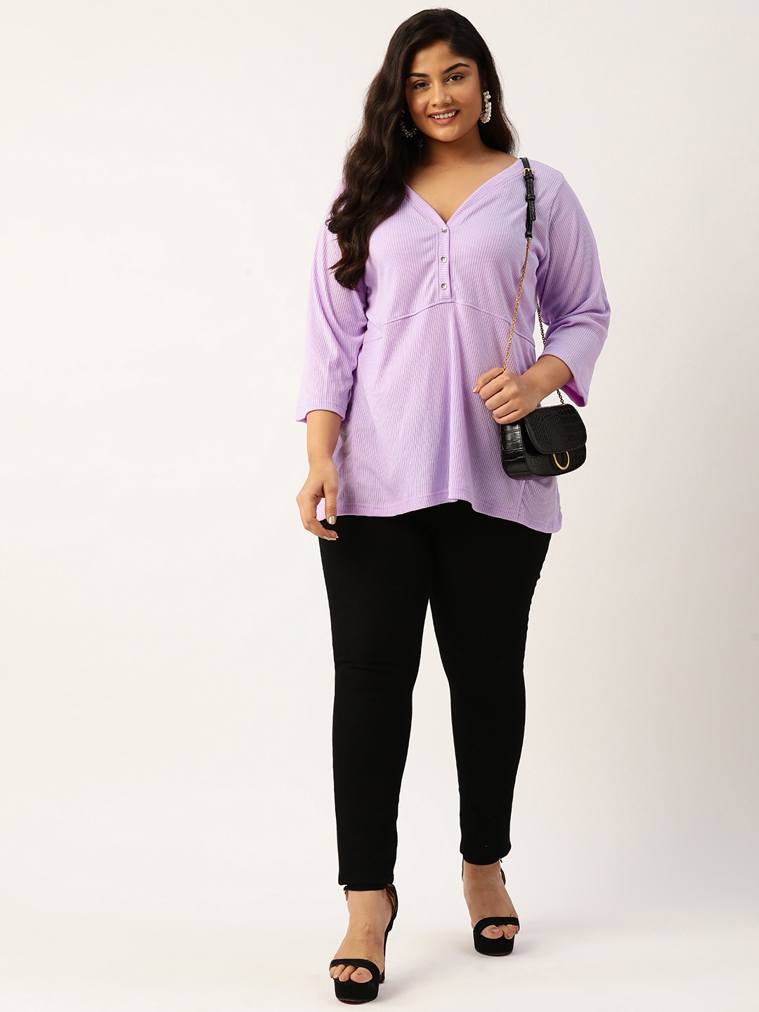 Women's Plus Size Lilac Solid Color Cotton Knitted Ribbed Top