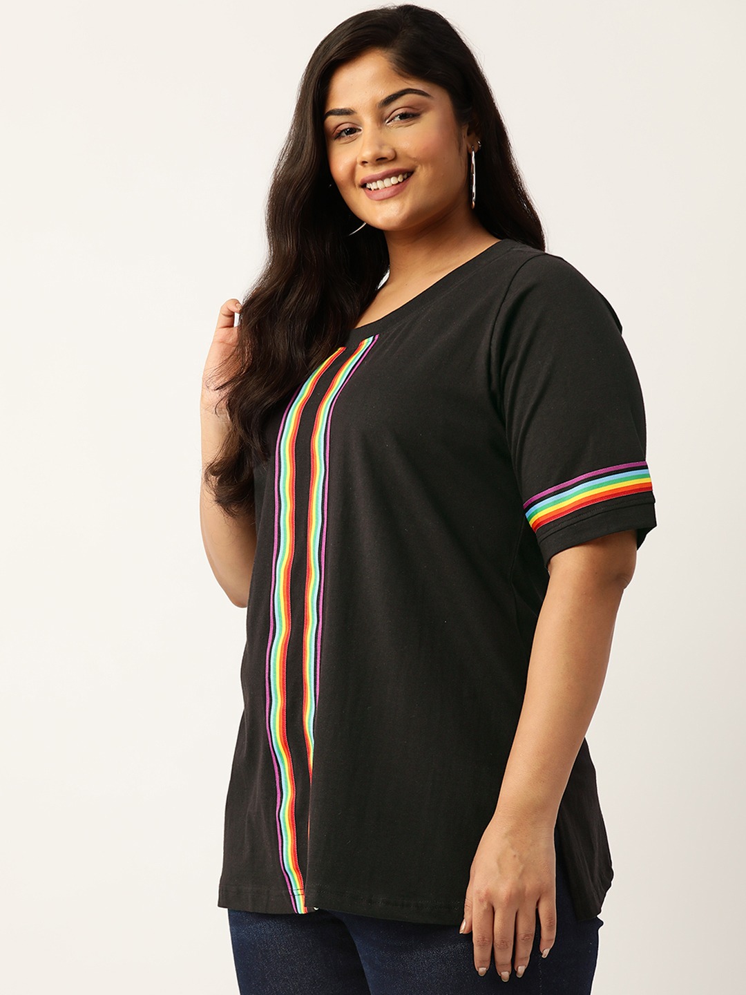 Women's Plus Size Black Solid Color With Striped Detail Cotton T-shirt