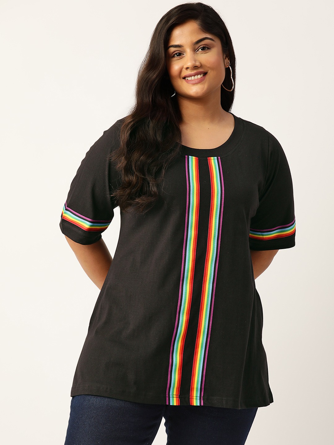 Women's Plus Size Black Solid Color With Striped Detail Cotton T-shirt