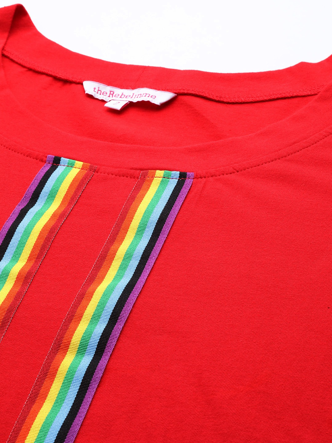 Women's Plus Size Red Solid Color With Striped Detail Cotton T-shirt