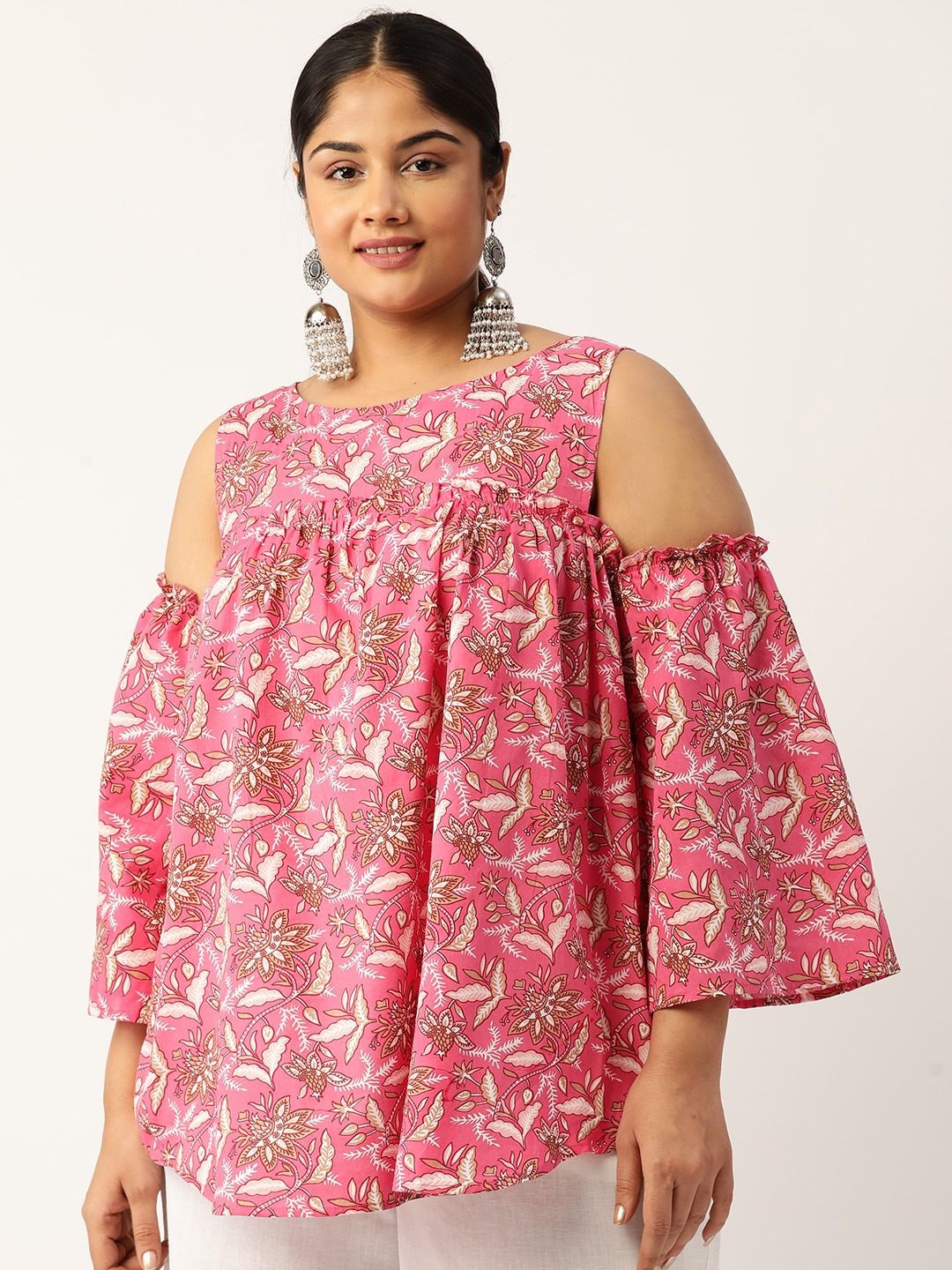 Women's Plus Size Fuchsia Floral Print Cotton Longline Top
