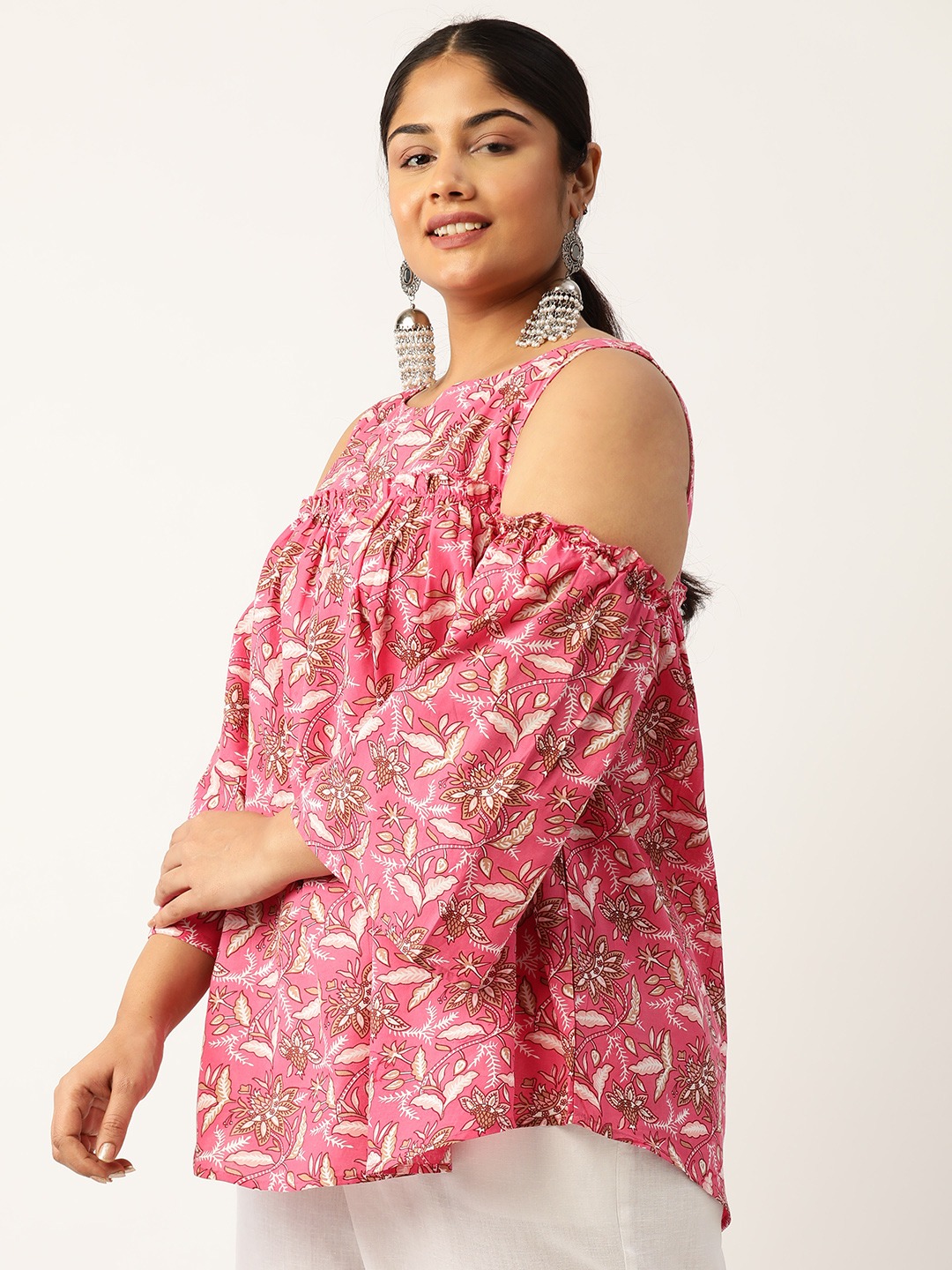 Women's Plus Size Fuchsia Floral Print Cotton Longline Top