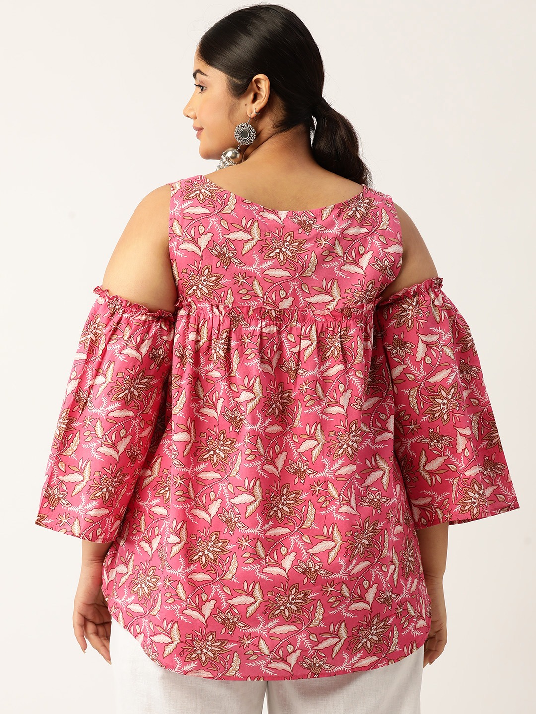Women's Plus Size Fuchsia Floral Print Cotton Longline Top