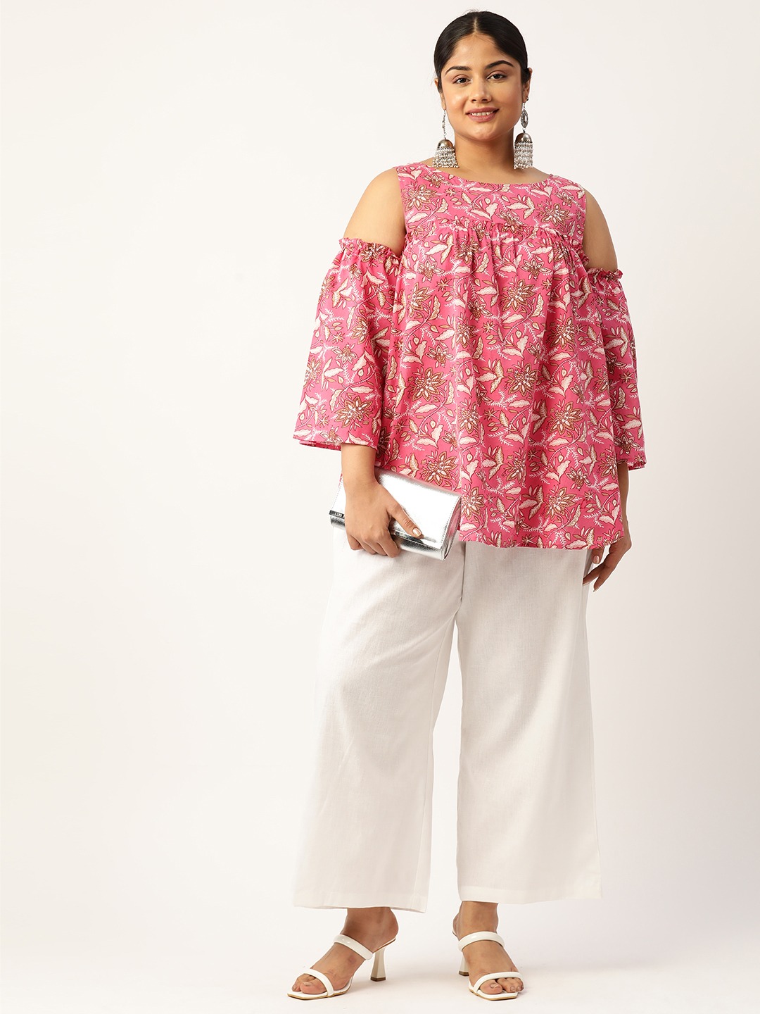 Women's Plus Size Fuchsia Floral Print Cotton Longline Top