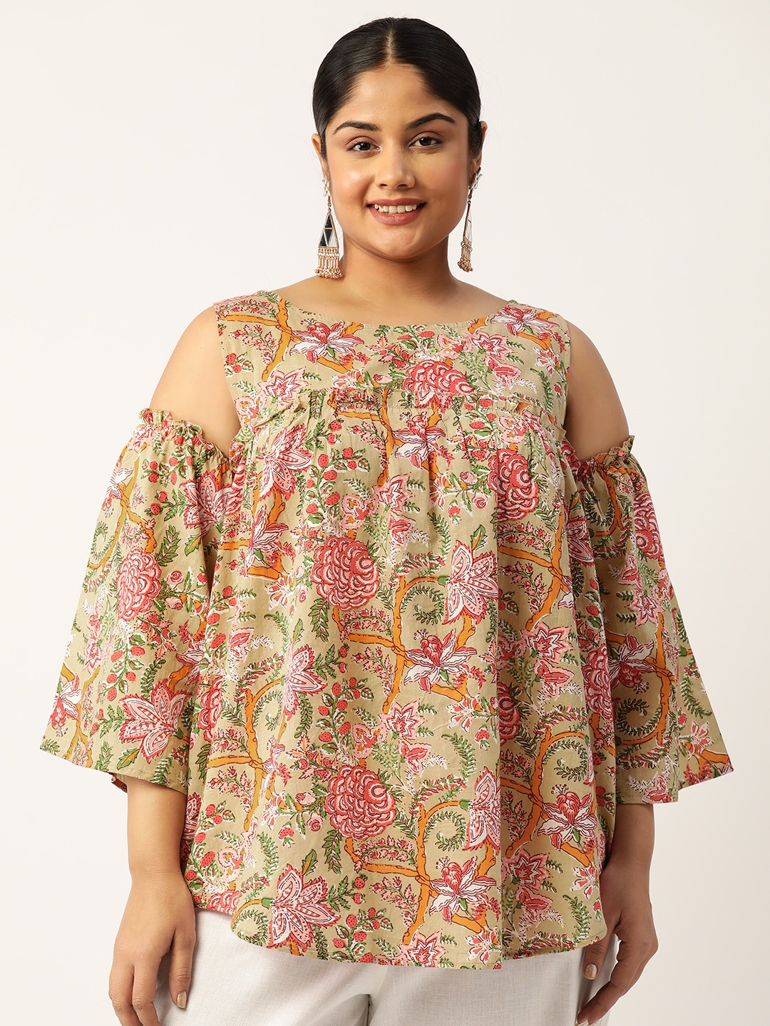 Women's Plus Size Green Floral Print Cotton Longline Top