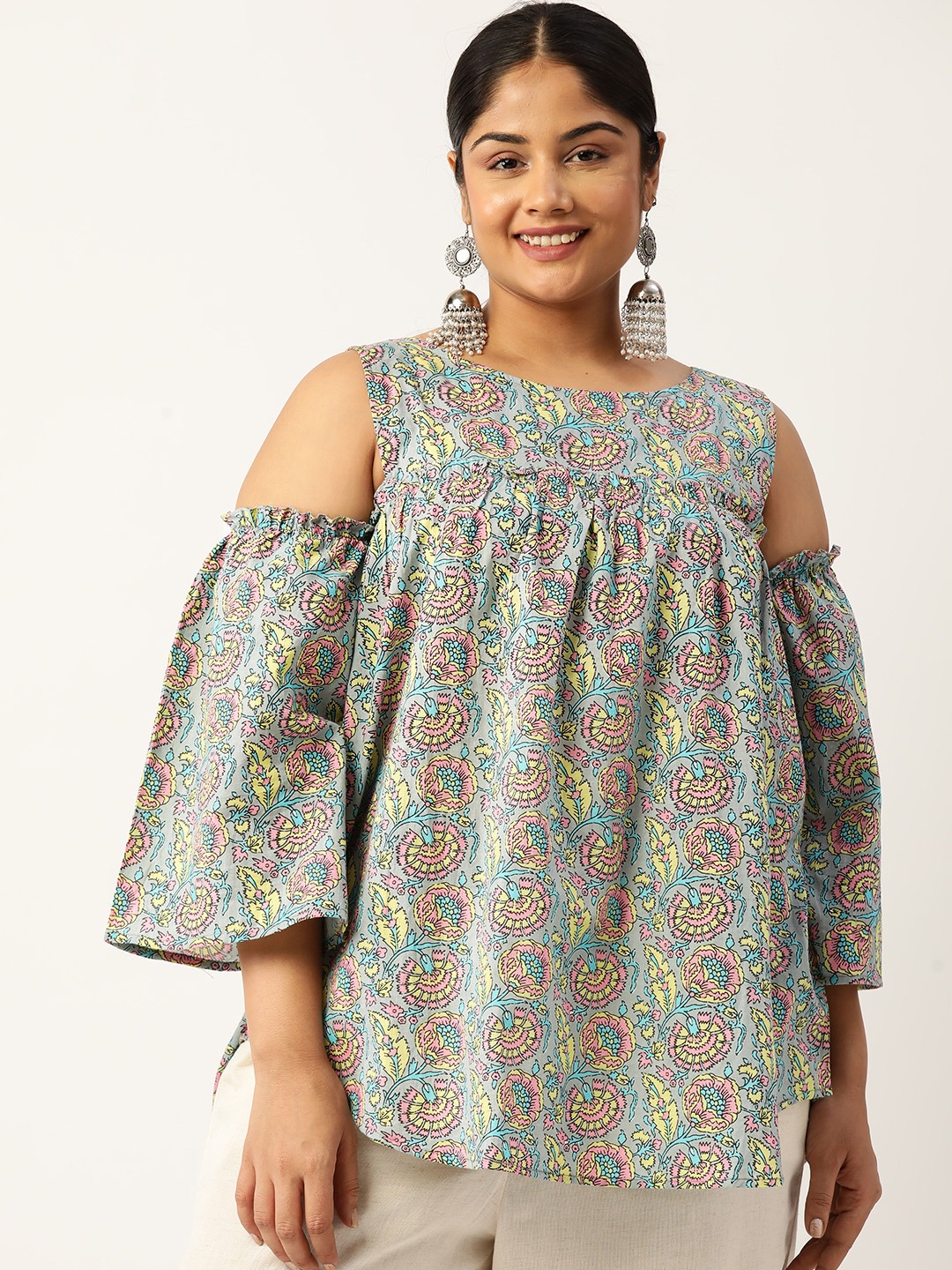 Women's Plus Size Grey Floral Print Cotton Longline Top
