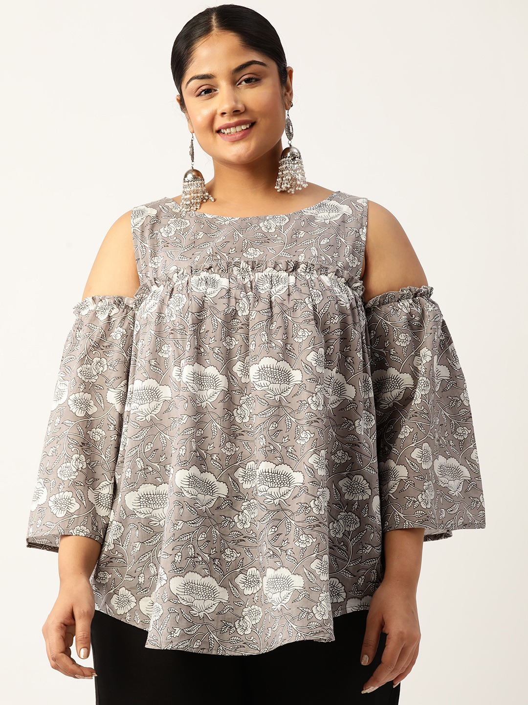 Women's Plus Size Grey Monotone Floral Print Cotton Longline Top