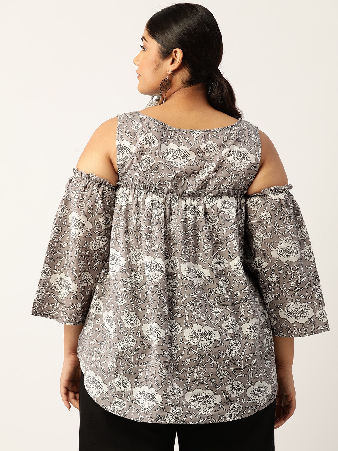 Women's Plus Size Grey Monotone Floral Print Cotton Longline Top
