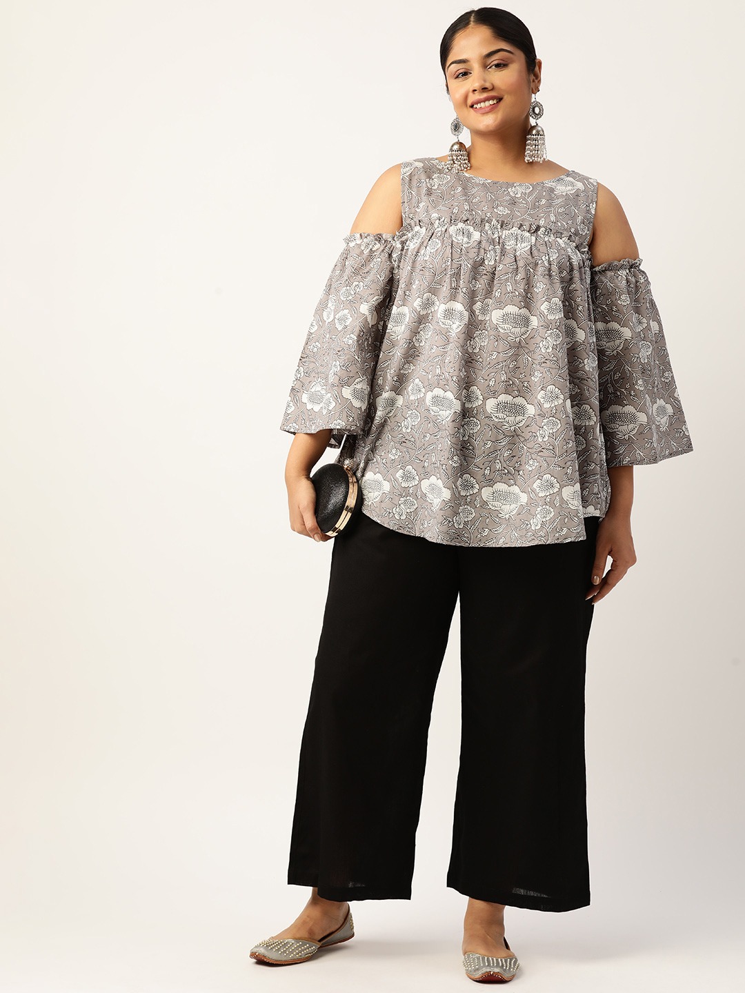 Women's Plus Size Grey Monotone Floral Print Cotton Longline Top