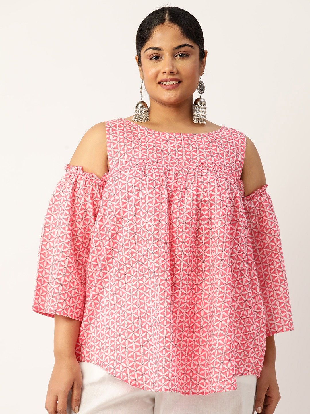 Women's Plus Size Pink Floral Print Cotton Longline Top