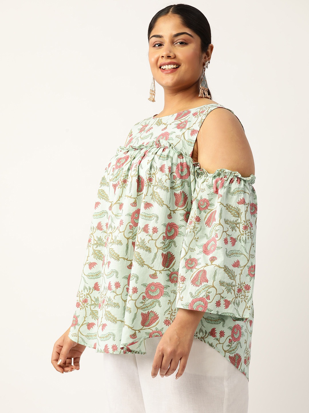 Women's Plus Size Sea Green Floral Print Cotton Longline Top