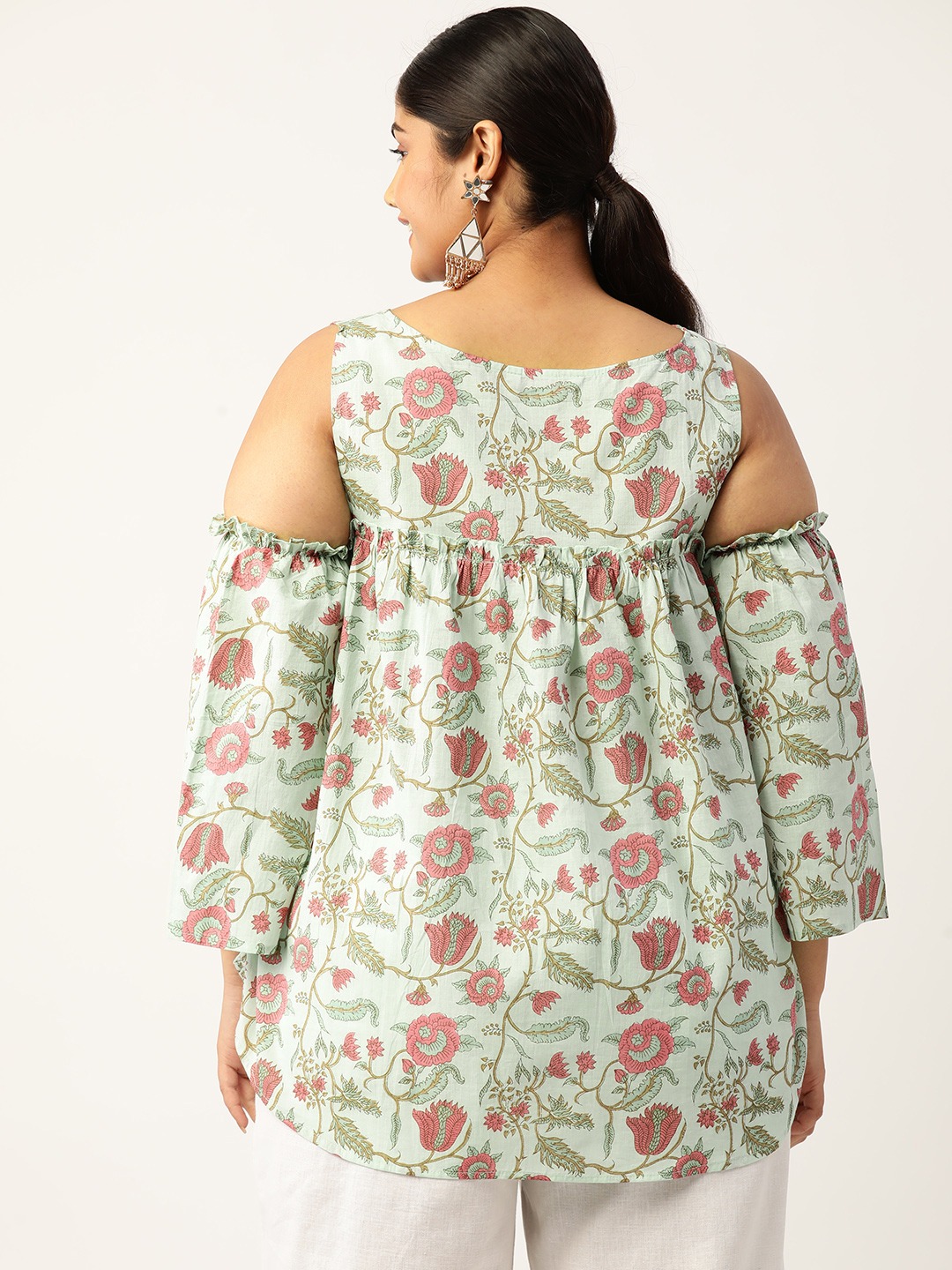 Women's Plus Size Sea Green Floral Print Cotton Longline Top