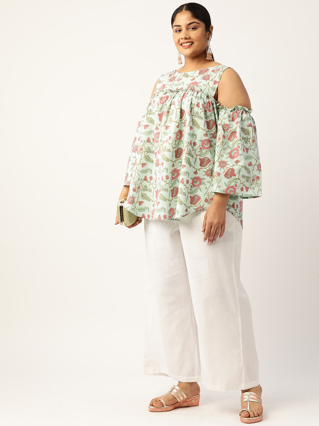 Women's Plus Size Sea Green Floral Print Cotton Longline Top