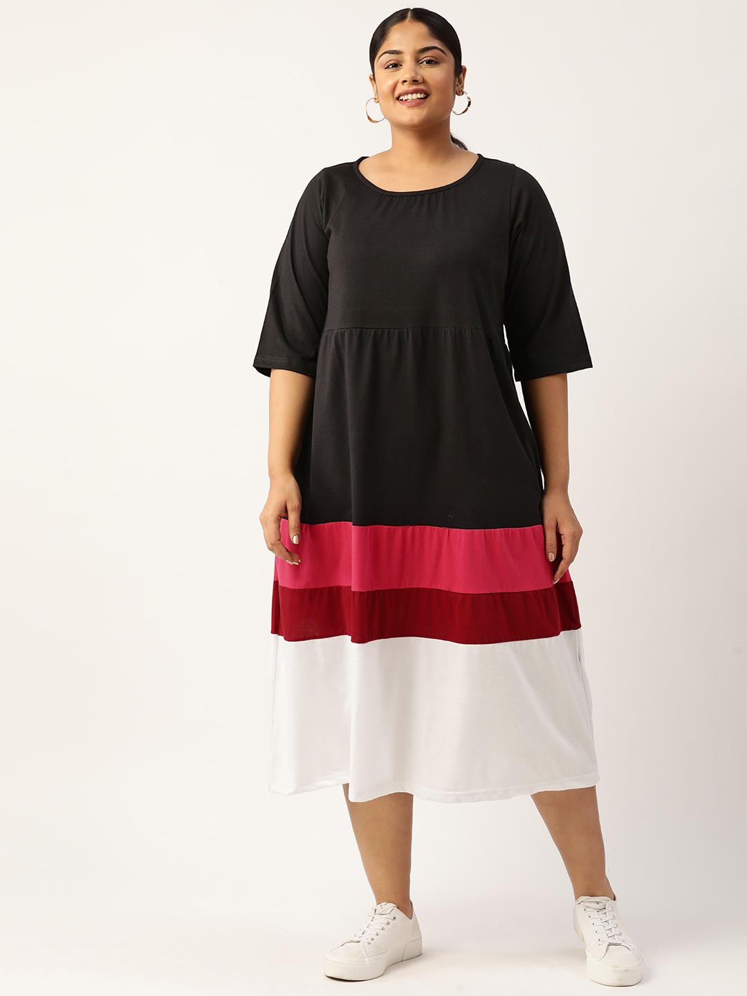Women's Plus Size Black Colourblocked A-Line Midi Cotton Dress