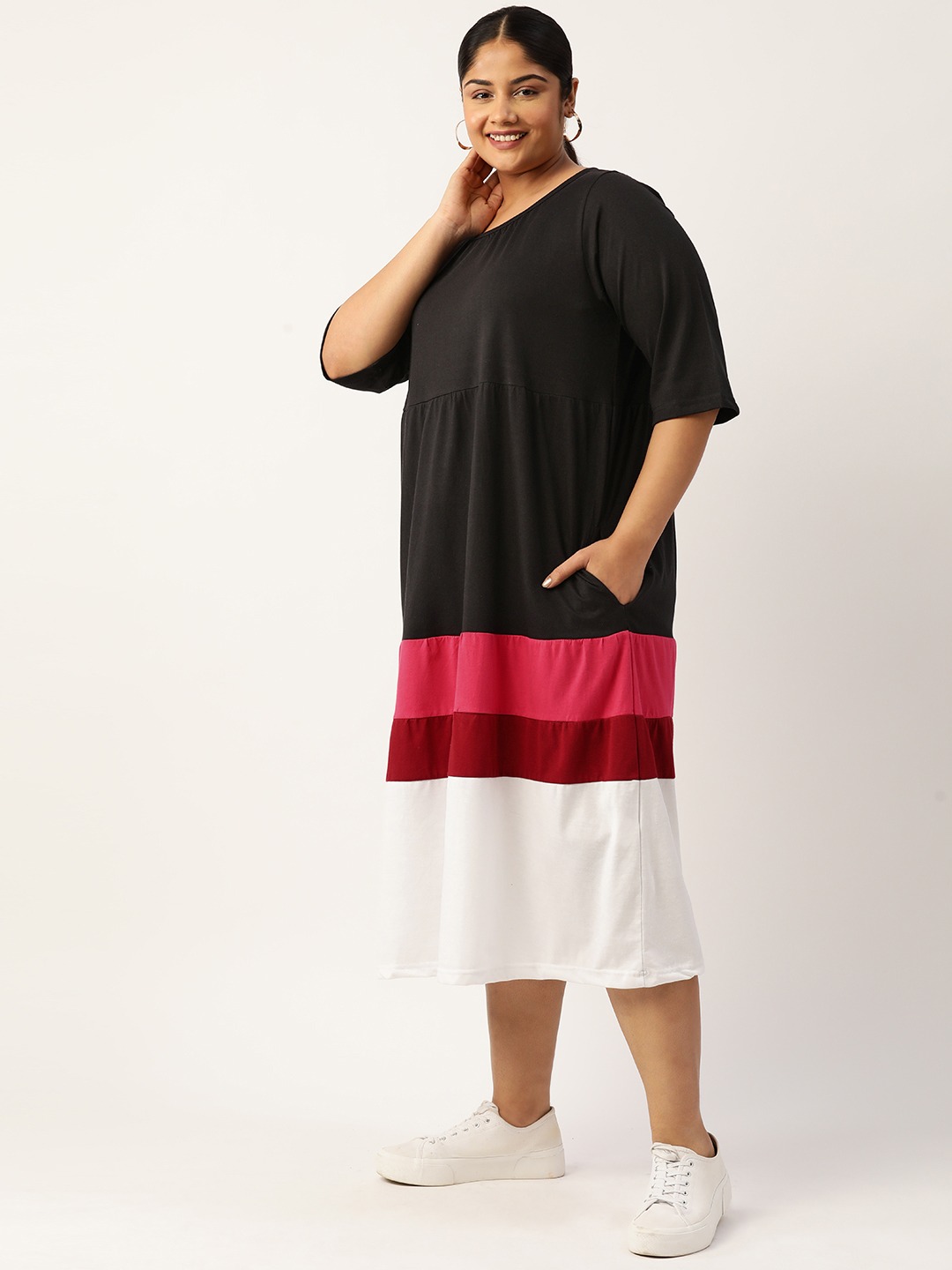 Women's Plus Size Black Colourblocked A-Line Midi Cotton Dress