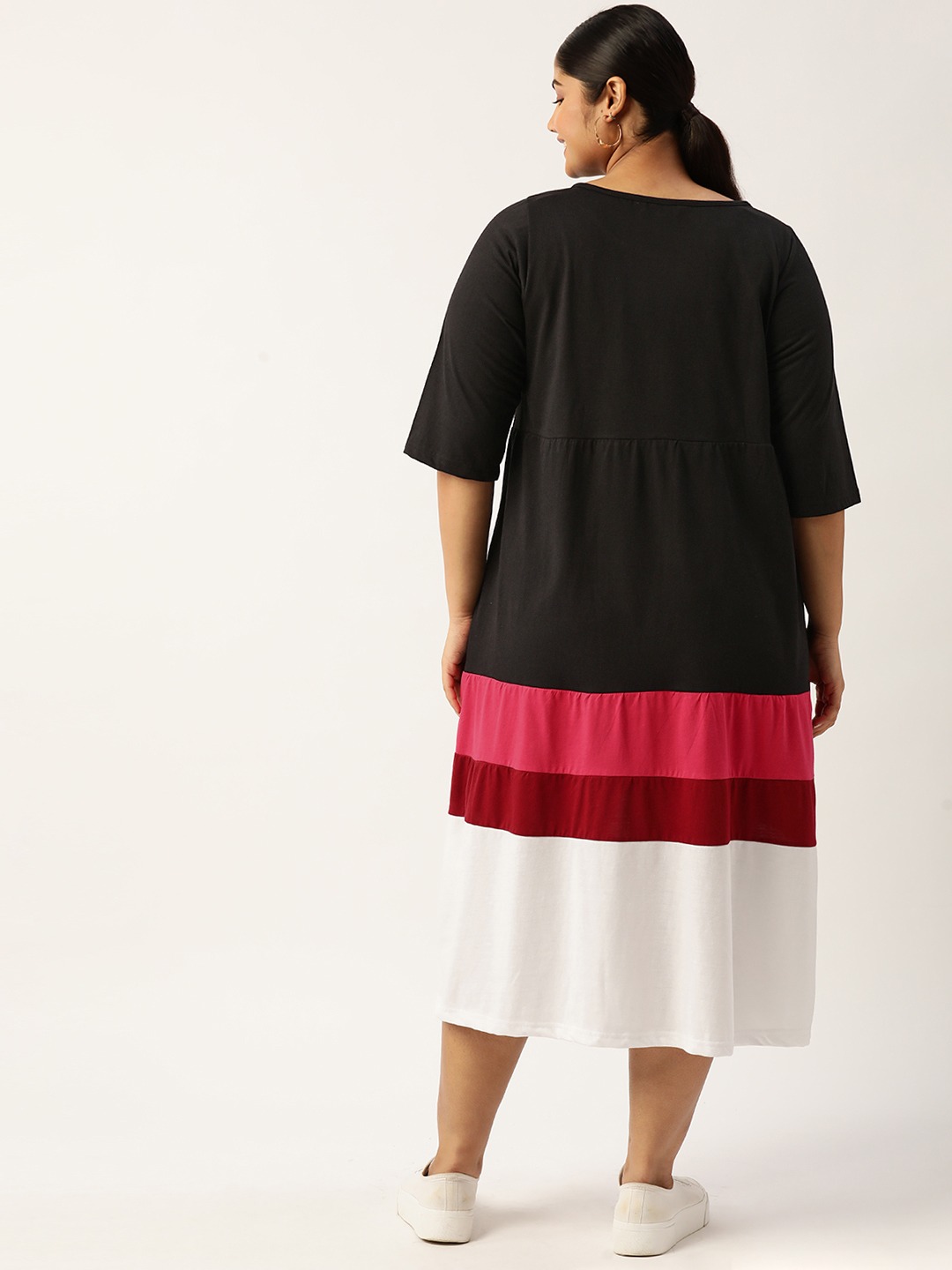 Women's Plus Size Black Colourblocked A-Line Midi Cotton Dress