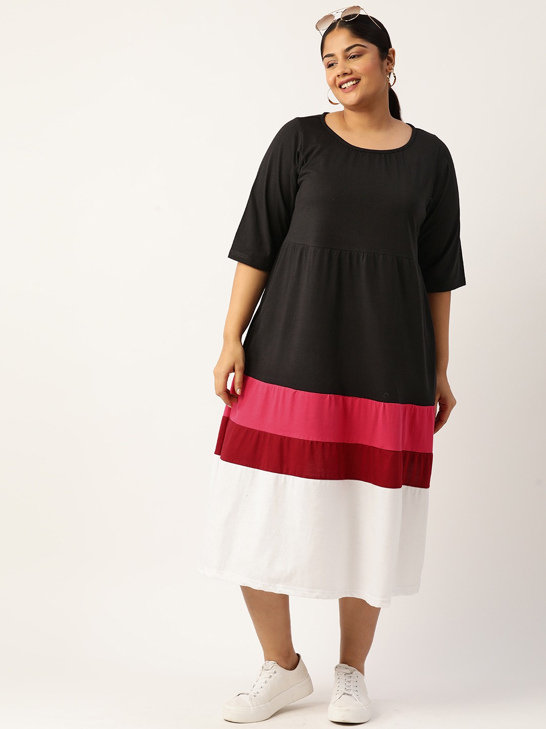 Women's Plus Size Black Colourblocked A-Line Midi Cotton Dress
