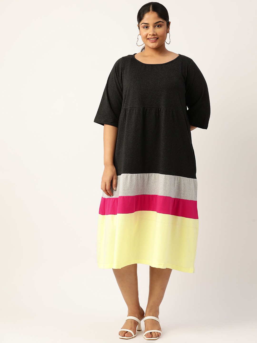 Women's Plus Size Charcoal Grey Colourblocked A-Line Midi Cotton Dress
