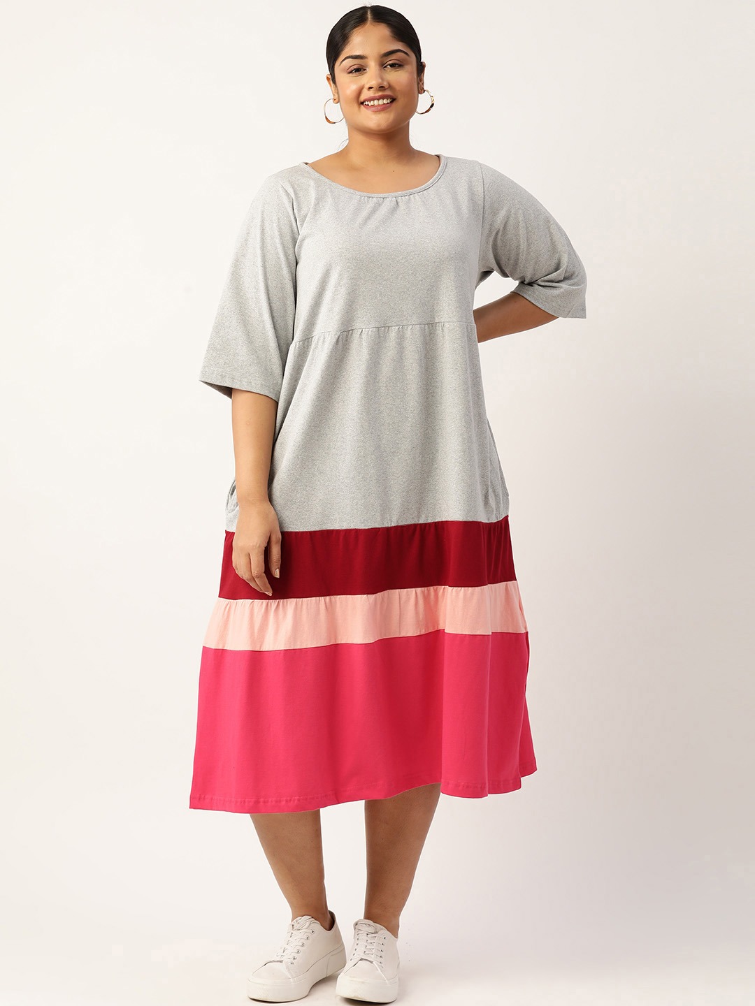 Women's Plus Size Light Grey Colourblocked A-Line Midi Cotton Dress