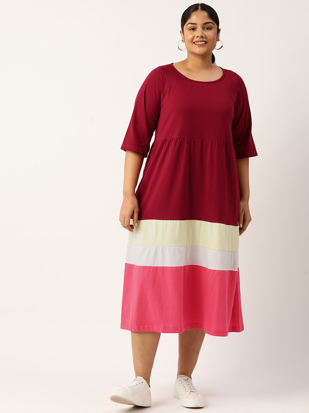 Women's Plus Size Maroon Colourblocked A-Line Midi Cotton Dress