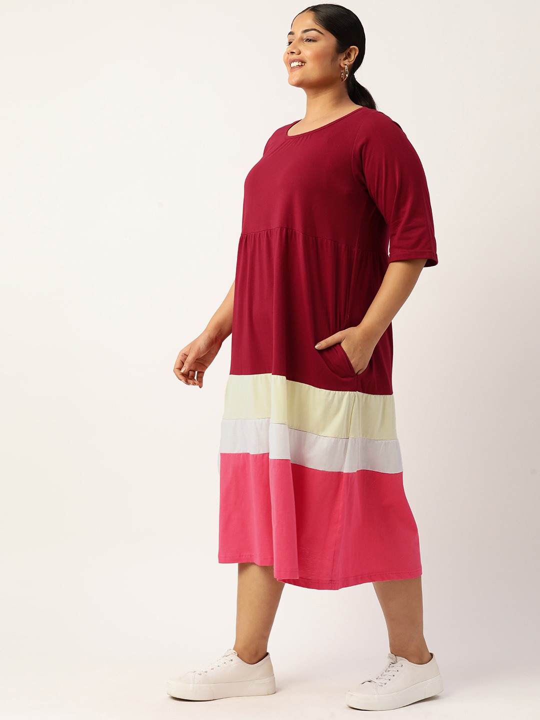 Women's Plus Size Maroon Colourblocked A-Line Midi Cotton Dress